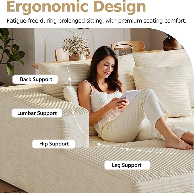 108'' Sectional Boneless Couches for Living RoomCloud Sectional Couch with L-Shape ChaiseModern Corduroy Modular Sofa with Deep SeatNo Assembly Required(Left Facing ChaiseBeige)