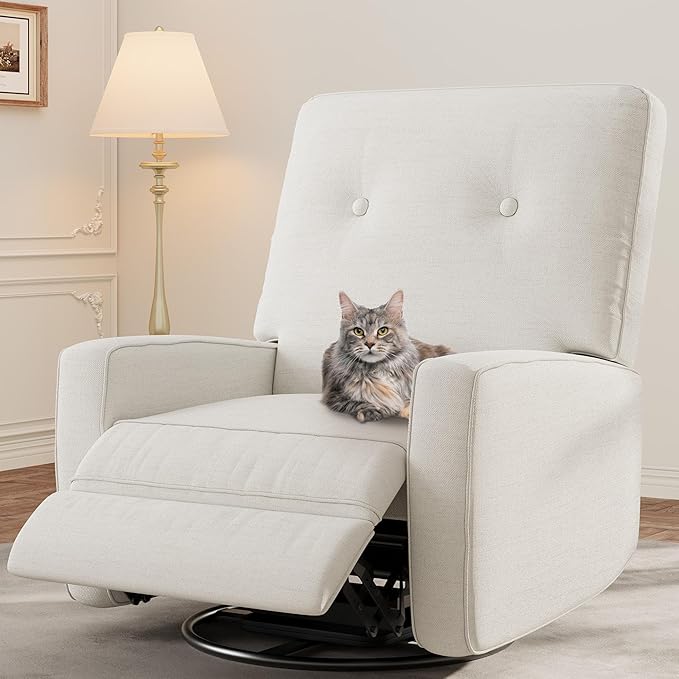 GarveeHome Recliner Chairs Swivel Rocker Recliner Glider Recliner Nursery Chair Recliner Chair for Adults 360°Swivel Glider Rocking Chair for Living Room Bedroom Office Linen White
