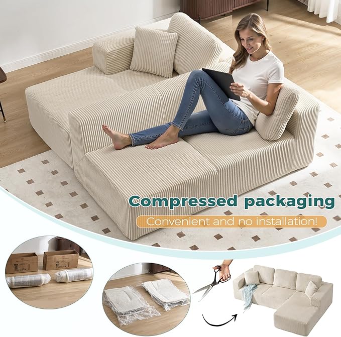 ANJ 74” Oversized Chaise Lounge Sofa Bed Boneless Modular Sofa 2-Piece Convertible Sleeper Couch with Deep Seat Upholstered Design for Living Room Bedroom Small Space No Assembly Required (Beige)