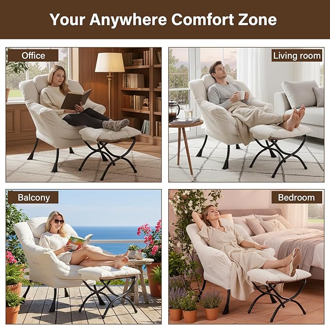Welnow Lazy Chair with Ottoman Modern Accent Chair with Armrests and a Side Pocket Leisure Sofa Armchair Reading Armchair with Footrest for Small Space Beige