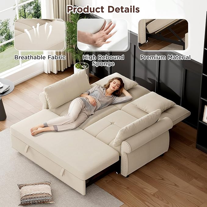 3 in 1 Sofa Bed 61 Inch Convertible Pull out Couch with Four Pillows Loveseat Sleeper Sofa with Adjustable Backrest Sofa Couches for Living Room Bedroom Apartment Chenille Fabric Beige