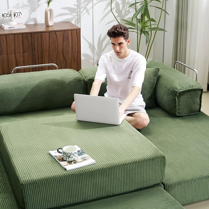 Furnimart 108 Convertible L-Shape Sofa with Cylindrical Pillow Comfy Foldable Compressed Sofa Bed Boneless Floor Sofa Lounge Couch for Living Room Bedroom No Assembly Required Green