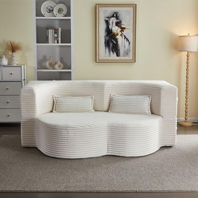 78” Corduroy Floor Sleeper Sofa Bed Modern 2 in 1 Full Size Foldable Mattress with 2 Pillows Convertible Boneless Couch with Deep Seat for Living Room No Assembly Required (Beige) | No Assembly Req
