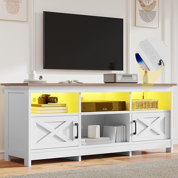 DWVO TV Stand for up to 65 Inch TV Entertainment Center with Storage TV Cabinet with Power Outlet &amp LED Light Strip Media Console Television Stands for Living Room White &amp Walnut
