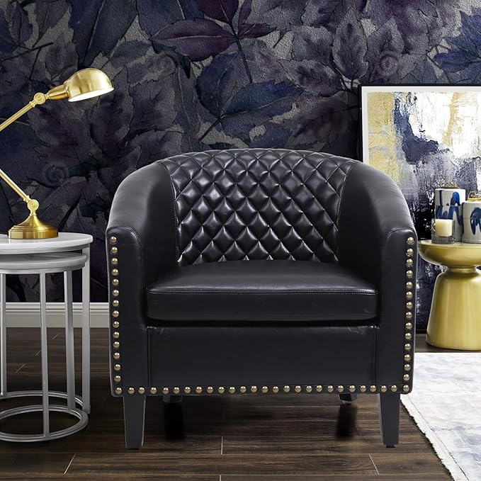 Accent Barrel Chair Living Room Chair with Nailheads and Solid Wood Legs Black pu Leather