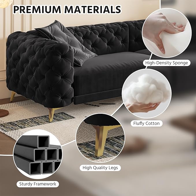 97.7 King Pull Out Sofa Bed Velvet Chesterfield Sleeper Sofa Couch 3 in 1 Convertible Tufted Futon Couches with Ottoman for Living Room Small Space Apartment Office Bedroom Black