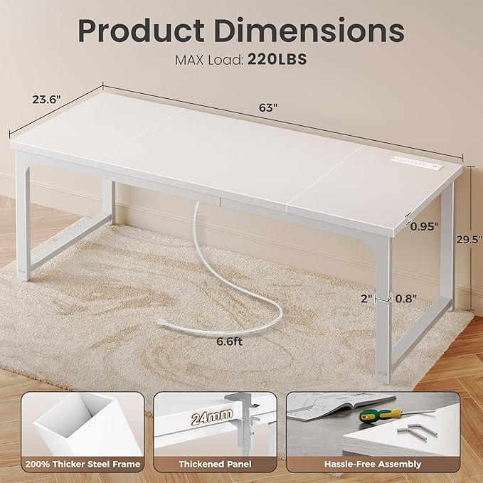 Huuger 63 x 24 inch Desk with Power Outlets &amp USB-C Deeper &amp Thicker Desktop Robust Metal Tubes Computer Desk Heavy Duty Office Desk Work Gaming Desk for Home Office White