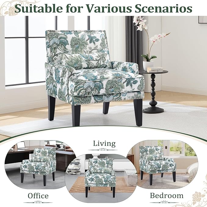 ANJ Floral Accent Chair Set of 2 with Lumbar PillowUpholstered Wingback Reading Armchair with Nailhead Trim Mid-Century Single Sofa Chair for Living Room Bedroom Green Floral