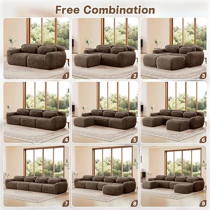 115 Sectional Couches for Living Room Comfy Boneless Couch 3 Seater Cloud Sofa Compressed Couch with Deep Seat Modern Modular Sectional Plush Floor Sofa No Assembly (Choco)