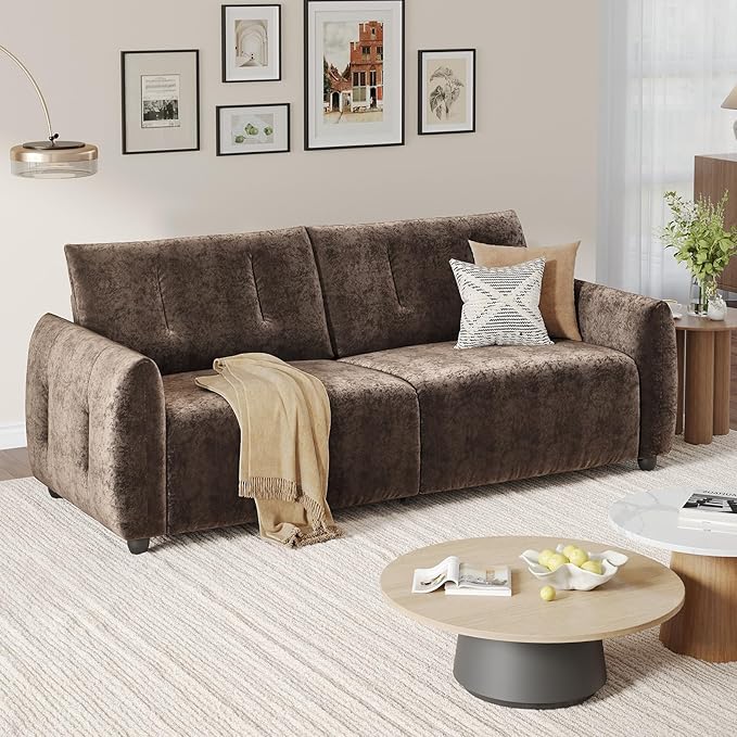 84.5 Inch Loveseat SofaModern Couch and SofaFeather-tip armrest DesignSturdy and Easy InstallationSmall Sofa for Living Room Bedroom Office and ApartmentChenille FabricDark Brown