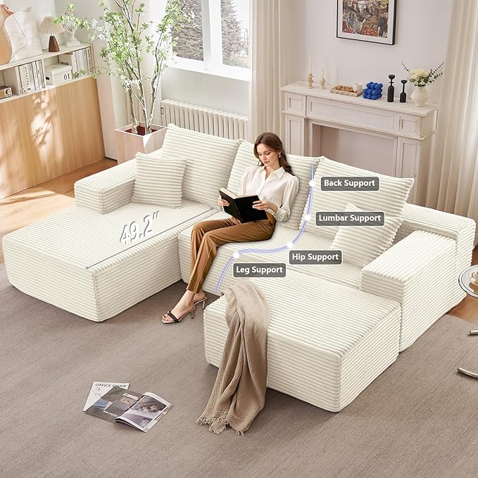 107 L-Shape Sofa with Ottoman Modern Modular Sectional Comfy U-Shape Cloud Couch Deep Seat Upholstered Corduroy Sleeper Chaise Longue for Living Room Bedroom No Assembly Required White