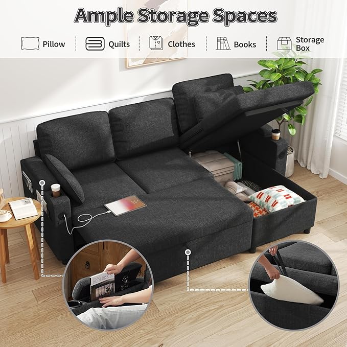 DURASPACE Sleeper Couch Pull Out Sofa Bed 2 in 1 Convertible Sofa Sleeper with Storage L Shaped Sectional Couch Bed for Small Spaces Living Room Bedroom Apartment (Dark Gray)