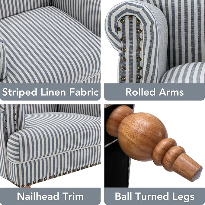 Blue Striped Linen Fabric Accent Chair Coastal Upholstered Armchair with Nailhead Trim &amp Ball Turned Wood Legs Modern Farmhouse Club Chair for Living Room Bedroom Guest Room