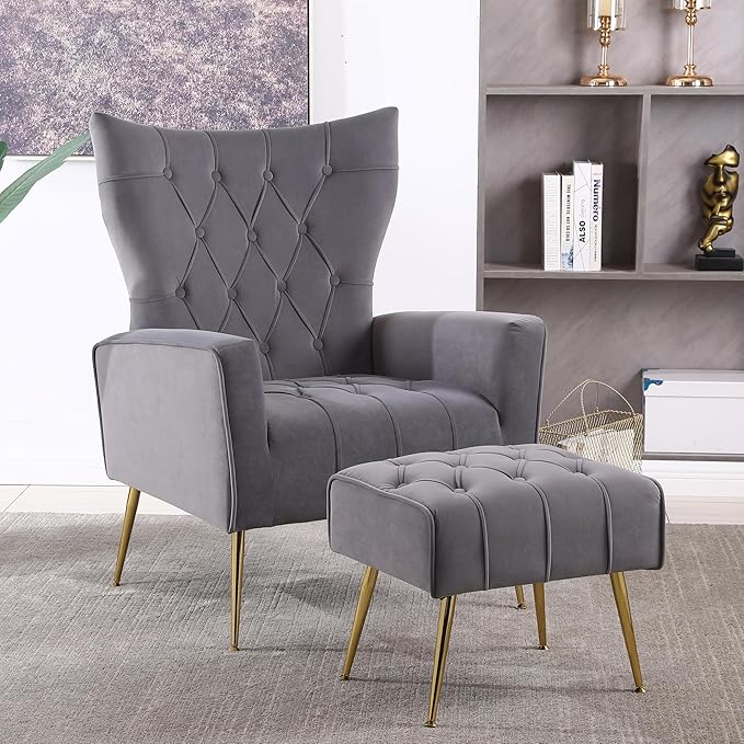 Velvet Accent Chair with OttomanUpholstered Tufted Wingback Arm Chair Modern Decorative Chairs with Gold Metal Legs for Bedroom Living Room (Grey1 Chair)
