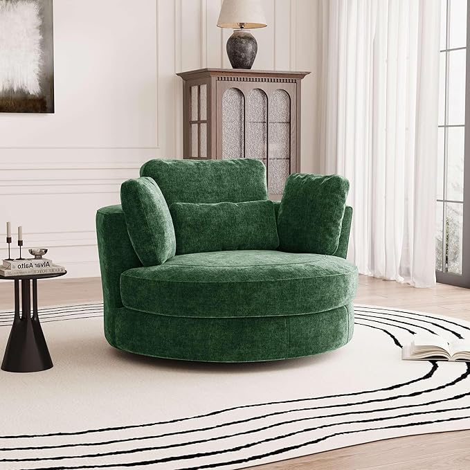 Aoiy &amp Wifon 50.2'' W Oversized Swivel Barrel Chair Green Swivel Accent Chair for Living Room Round Oversized Arm Chair with 4 Pillows Deep Seat &amp Extra Wide Chenille