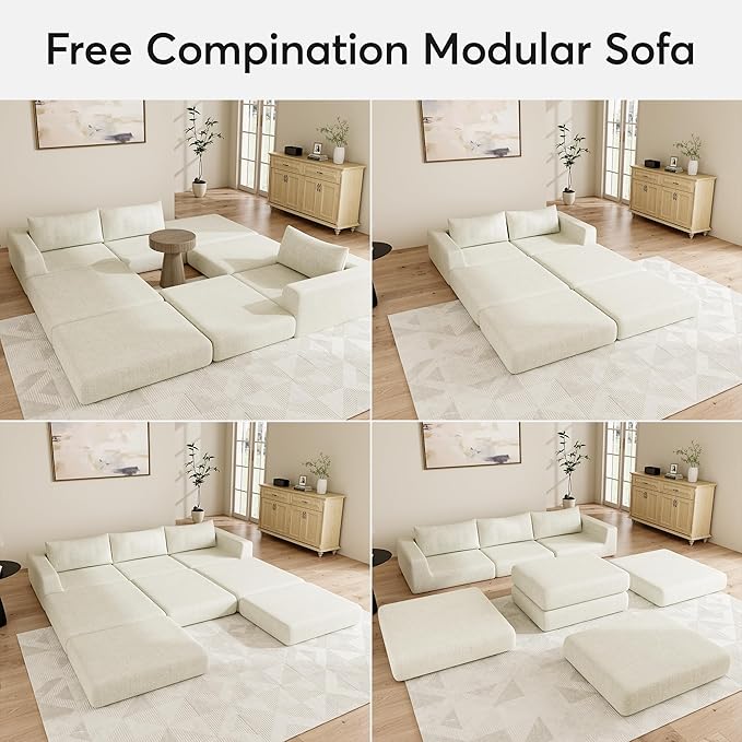 Cloud Boneless Modular Sectional Sofa 95.5 Modern Chenille Couch for Living Room Convertible Sleeper Sofa Bed Ergonomic Seating Cloud Couch Sectional No Assembly Required Beige