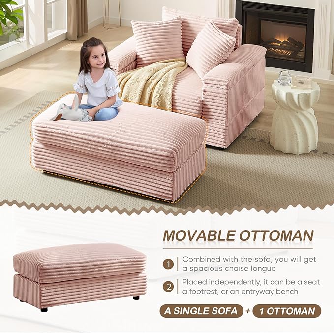Chaise Lounge Chair Indoor 44 Inch Comfy Corduroy Sectional Cloud Couch Upholstered Single Sofa w/Movable Ottoman for Living Room Bedroom Apartment Pink