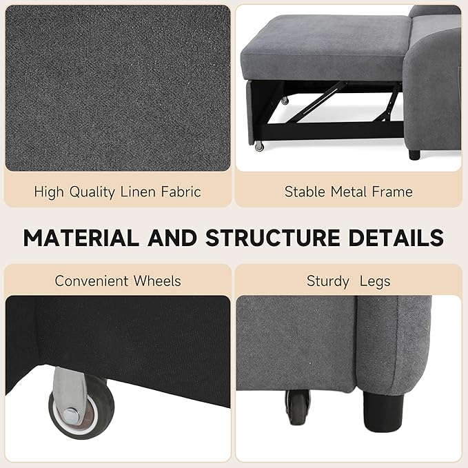 Merax 3-in-1 Convertible Sleeper Sofa Bed with Pillow &amp Side Pocket Soft Cotton Linen Loveseat Sleeper Chair for Living Room Bedroom Study Apartment Gray