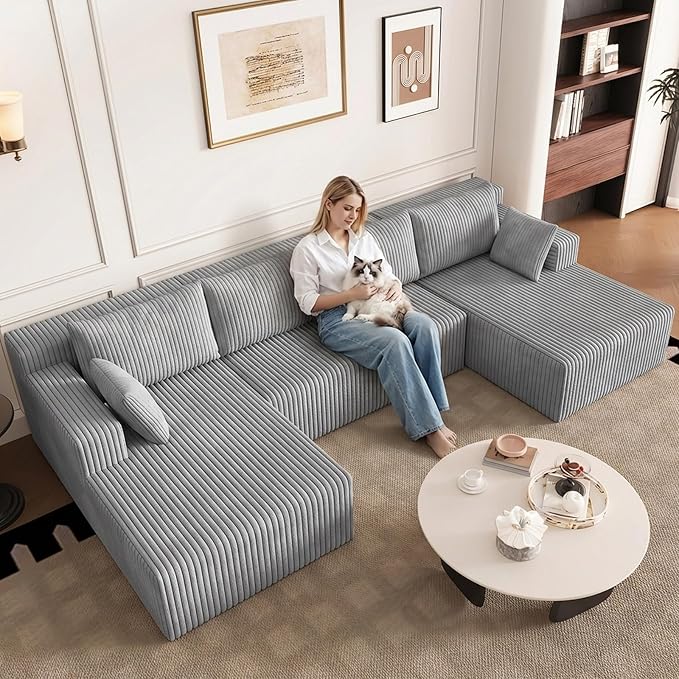 124 U Shaped Cloud Couch Sectional Corduroy Upholstered 4-Seater Cloud Couches for Living Room Deep Seat Modular Boneless Sofa with Lounge Chaise No Assembly Required Light Grey