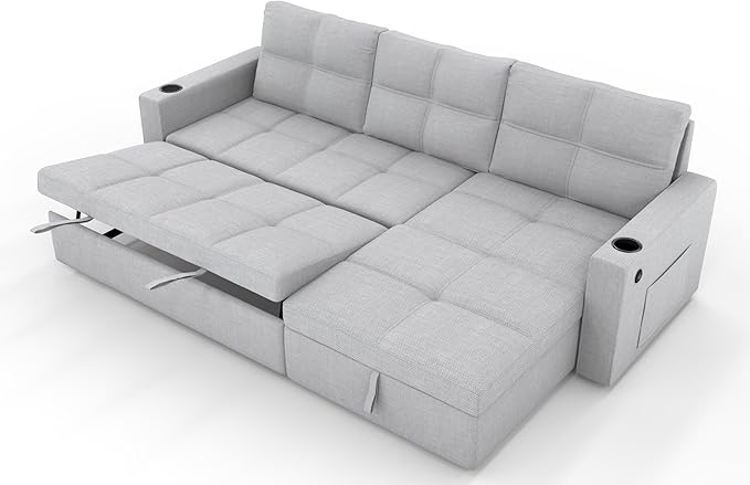 85 inch Large Sleeper Sofa Bed with StorageL Shaped Sectional Couch Bed2 in 1 Pull Out Couches with Convertible ChaiseUSB ChargingCup Holders and Side Pockets Gray