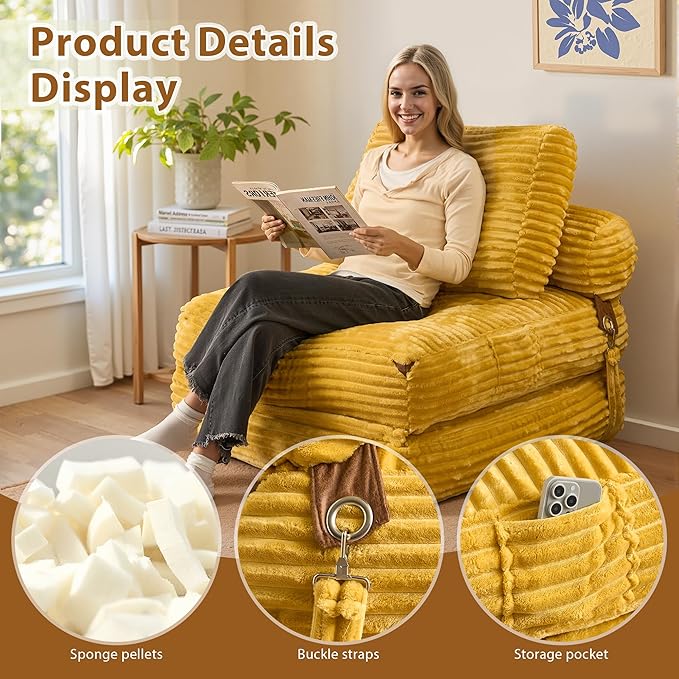 75'' Foldable Sofa Bed Convertible Sleeper Sofa with Pillow Boneless Corduroy Foldable Couch Bed Single Sleeper Chair for Small Spaces Living Room Bedroom StudioYellow