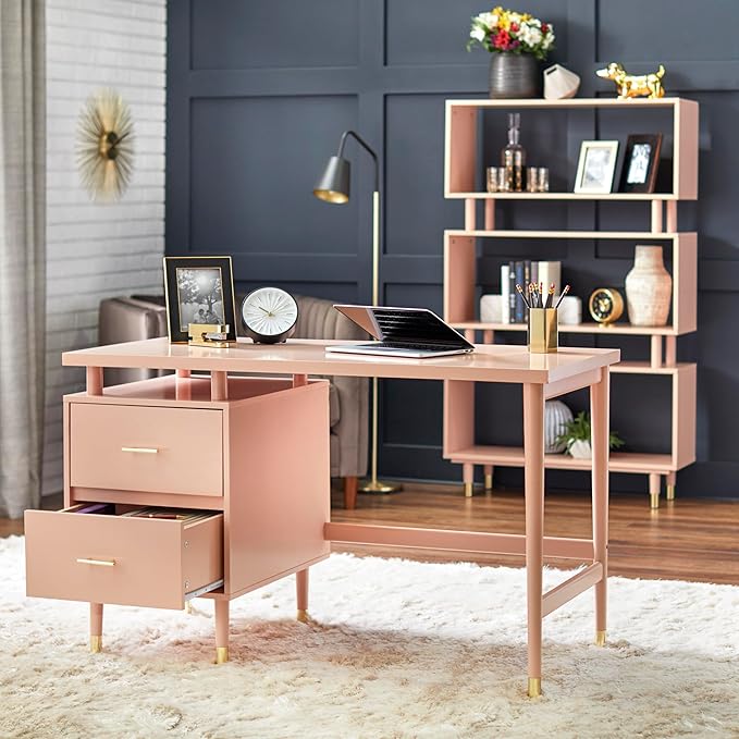 Margo 50 Wide Mid-Century Modern Wood Desk with Drawers Stylish Elevated Top Design Solid Pine Wood Tapered Legs Computer Desk for Home Office &amp Study Blush Pink