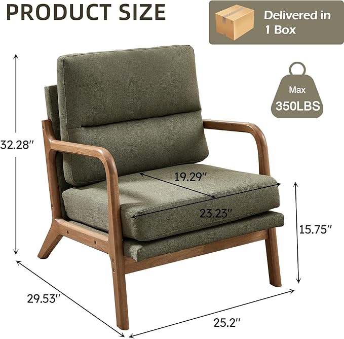 Mid Century Modern Accent Chair Linen Fabric Upholstered Lounge Arm Chair with Solid Wood Frame and Soft Cushion for Living Room Bedroom Balcony (1 Green)
