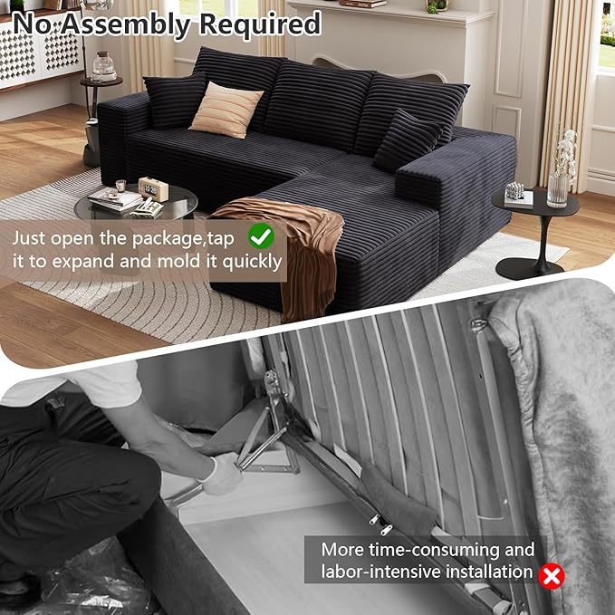 95 Cloud Sectional Couch with L-Shape Chaise Modern Corduroy Boneless Deep Seat Sofa 3-Seater Modular Sleeper Couch for Living Room Bedroom Apartment No Assembly (Black Right-Facing Chaise)