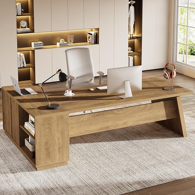Tribesigns 78 L-Shaped Executive Desk Large Modern Office Desk with Drawers and Lateral File Cabinet Business Furniture with Storage Shelves Big Computer Table for Home Office (Brown)