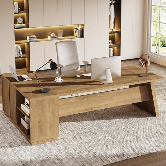 Tribesigns 78 L-Shaped Executive Desk Large Modern Office Desk with Drawers and Lateral File Cabinet Business Furniture with Storage Shelves Big Computer Table for Home Office (Brown)