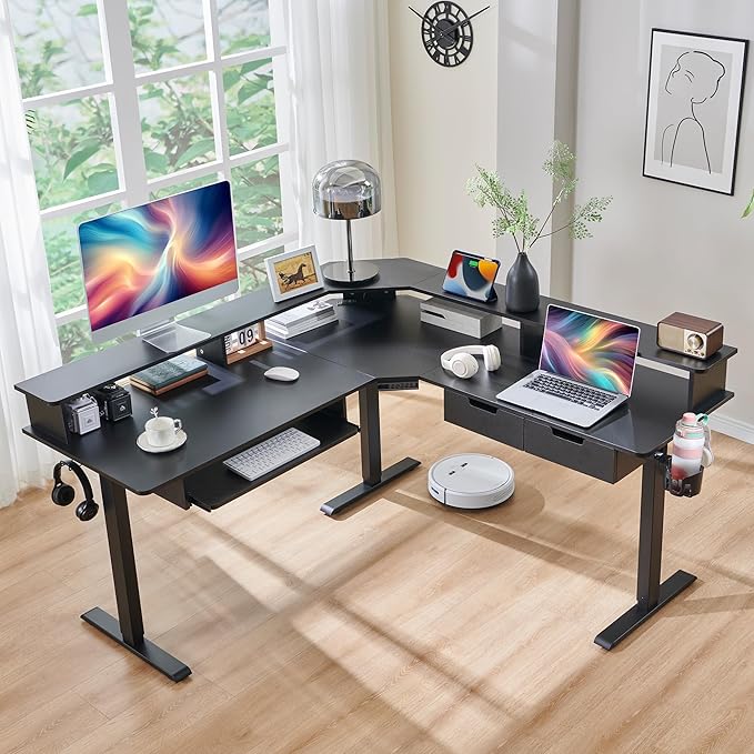RedLemon L-Shaped Electric Standing Desk 60 inches Motor Height Adjustable Sit Stand Corner Desk with Led Large Home Office Desk Computer Workstation Carbon Fiber Black