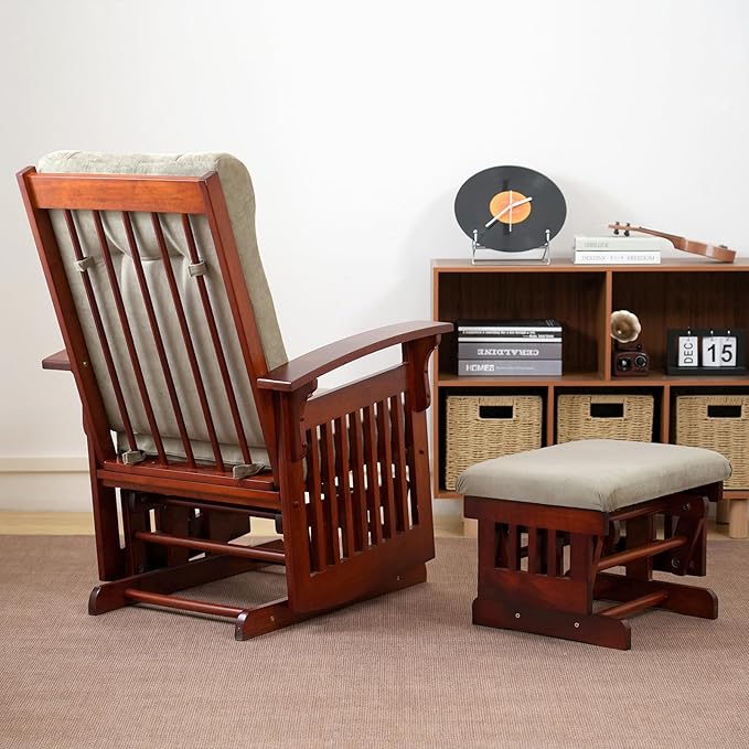 Solid Wood Glider Rocking Chair and Ottoman Set Rustic Nursery Glider Rocker with Padded Cushion Smooth Rocking Motion Indoor Living Room NursingNappingReading Brown