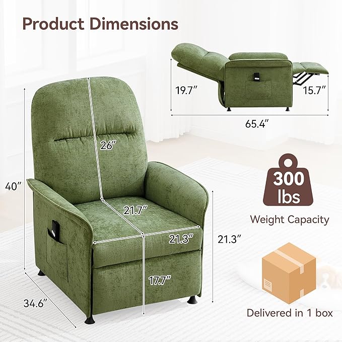 Power Recliner Chair for Adults Modern Reclining Single Sofa with Curved Armrest Comfy Ergonomics Electric Recliner with Side Pockets Adjustable Reading Chair for Living Room Bedroom Chenille Green