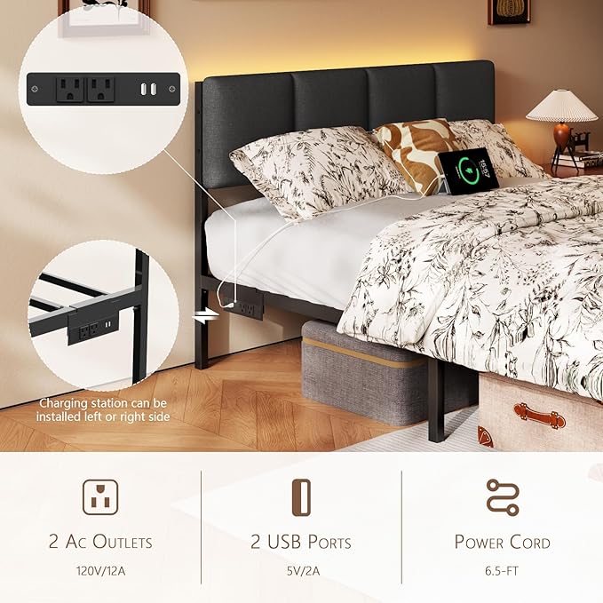 Furnulem Full Size Bed Frame with Headboard Upholstered Full Bed Frame with LED Light USB Charging Station Platform Bedframe with 2 Fabric Underbed Storage Drawers No Spring Box Needed