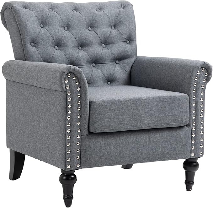 Mid Century Modern Accent Chair Linen Armchair wTufted BackWood Legs Upholstered Lounge Arm Chair Single Sofa for Living Room Bedroom Gray