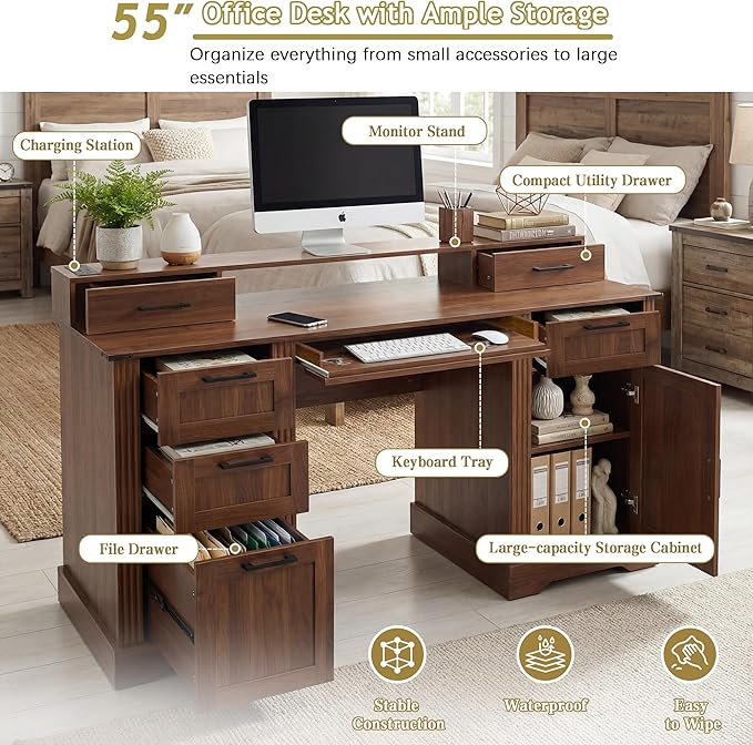 59 Farmhouse Office Desk with Charging Station &amp Storage Cabinet Barn Door Design Home Study Desk with File Drawer Monitor Stand and Keyboard Tray for Office Study Living Room (Walnut)