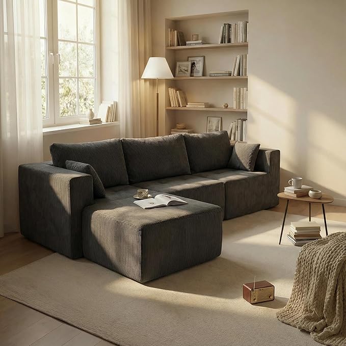 Boneless Cloud Couch with Movable Chaise Ottoman Moudular Sleeper Couch Dual-Core Support Spring &amp High-Resilience Foam 105 Corduroy Couch for Living Room No Assembly Gray