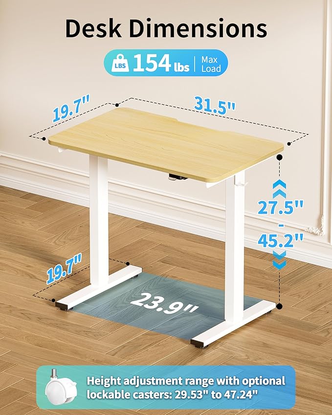 Okin Electric Standing Desk 31.5x19.7 Inches Small Computer Desk-Whole Piece Stand up Desk with Wheels Gaming Rolling Home Office Desks Oak