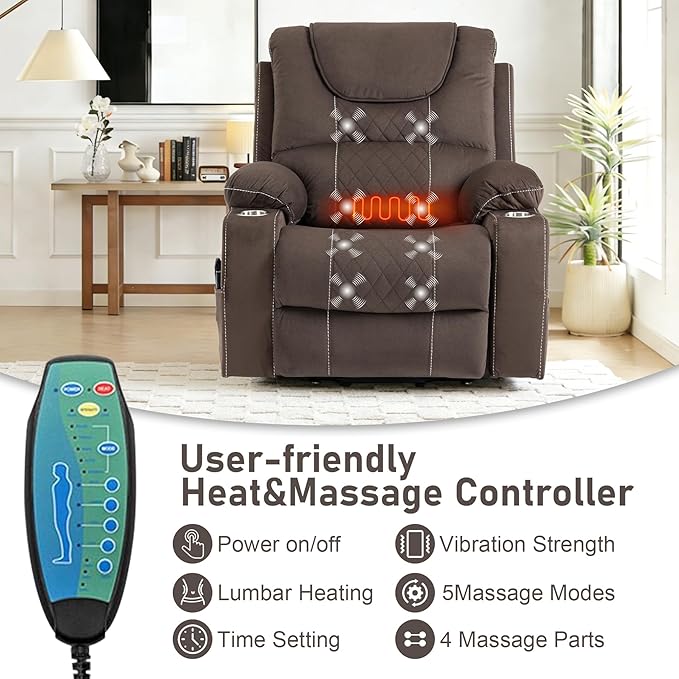 Oversized Power Lift Recliner Chair for Big and Tall 400 LBS Elderly 26 Large Electric Recliner Chair with Massage and Heating Lay Flat Zero Gravity Recliner Sofa Velvet Coffee Brown