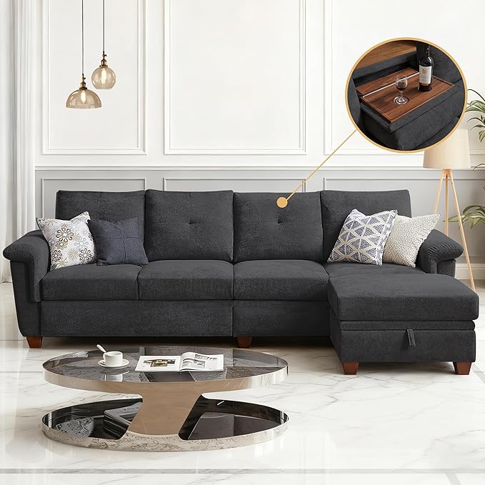 108 Sectional Sofa Convertible L Shaped Sofa with Ottoman and Large Storage 4 Seat Sectional Couch with Cup Holder Couches for Living Room Apartment Office (Dark Grey)