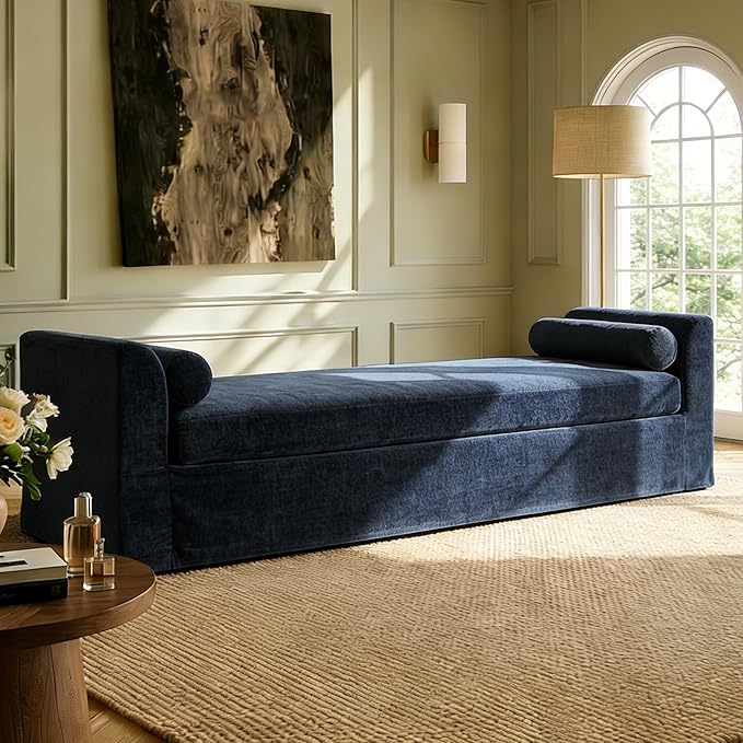 Mlmh &amp Kngwa Chaise Lounge Chair Indoor 90.6 Upholstered Oversized End of Bed Bench with 2 Pillows &amp Armrests Comfy Sleeper Couch Daybed Bench for Bedroom Living Room Chenille Navy