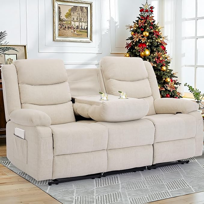 Recliner Sofa Reclining Loveseat with Console Oversized Reclining Couch with Drop Down Table 3-Seater Sofa with Cup Holder and Recessed Power Strip Beige