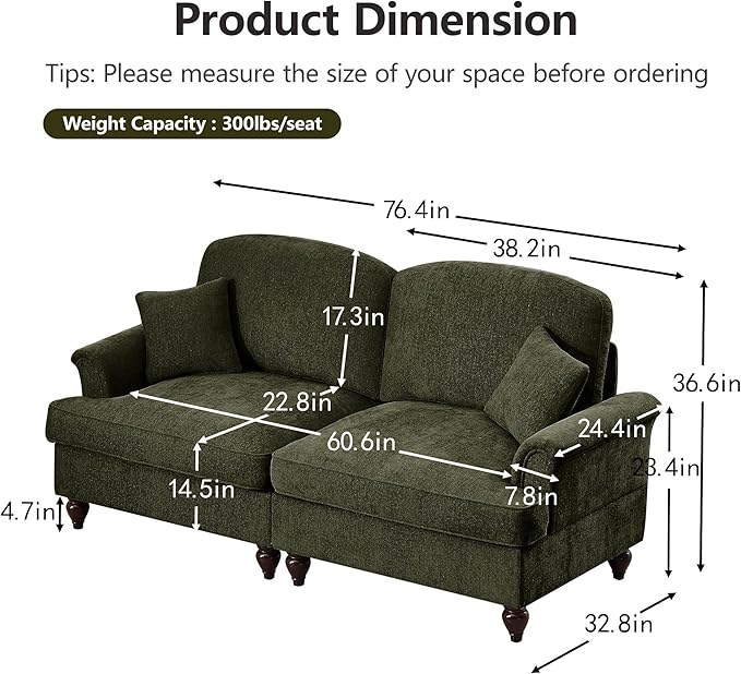 2 Piece Modular Sectional Couch Living Room Sofa Set 2 Seater+2 Seater Loveseat Sofa Sets for ApartmentRemovable Ruffles Pleats SkirtsGreen