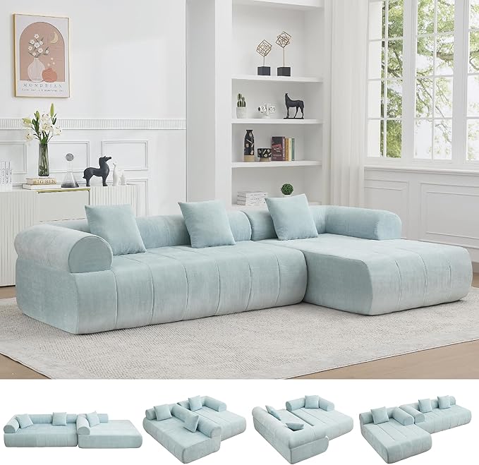 119'' Curved Boneless Sofa Couch 3 Seat Cloud L Shaped Deep Seat Couches for Living Room No Assembly Modular Sofa with Right Chaise Lounge Blue