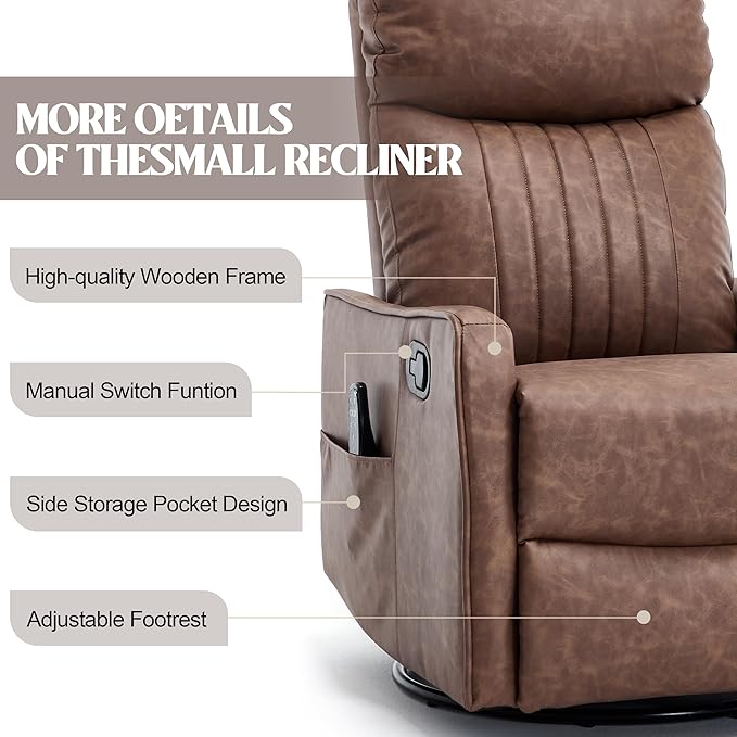 PELUMY 360 Swivel Rocking Recliner Chair for Adults Nursery Rocking Chair with Heat and Massage Glider Reclining Chair for Small Space Living Room Bedroom (Breathable Leather Brown)