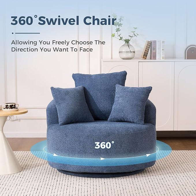 360°Swivel Accent Barrel Chair - 38.6W Boneless Oversized Upholstered with 3 Removable Pillows High-Resilience Sponge &amp Tuck Stitch Fabric Comfy Round Sofa Chair for Living Room Bedroom Apartm