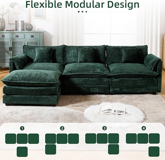 GNIXUU 112 Green Modular Cloud Couch Sofa Modern Chenille L Shaped Sectional Couches for Living Room Comfy Deep 4 Seater Sofa with Movable Ottoman &amp 3 Pillows
