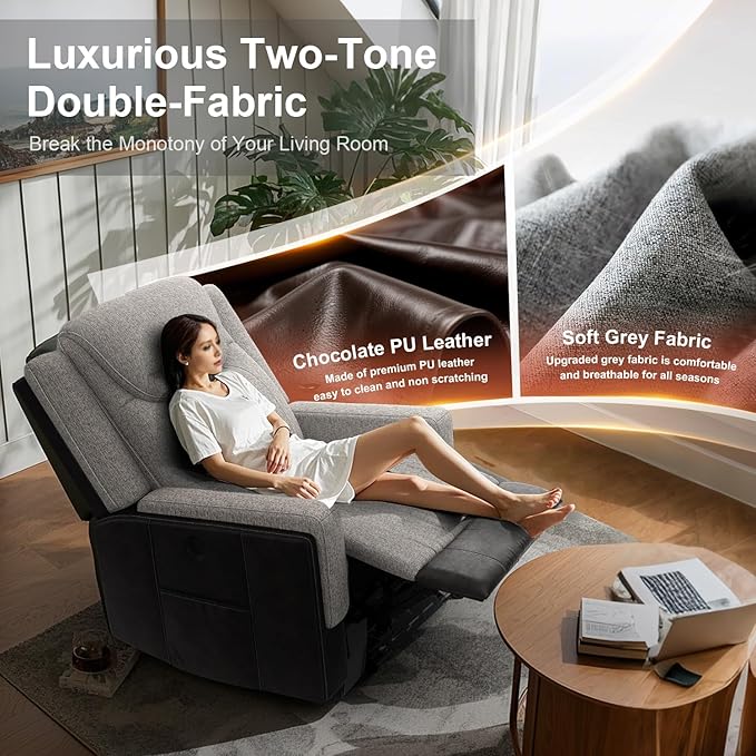Oversize Manual Recliner Chair for Adults Extra Wide Single Reclining Sofa Chair with Ergonomic FSC Certified Grey Linen-Blend &amp Chocolate Leather Scandinavian Chic for Living Room RV