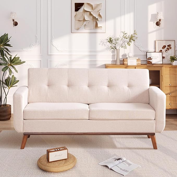 Kingfun 65 W Loveseat Sofa Mid Century Modern Decor Love Seat Couches for Living Room Button Tufted Upholstered Furniture Solid &amp Easy to Install Small Couch for Bedroom Office ApartmentOatme