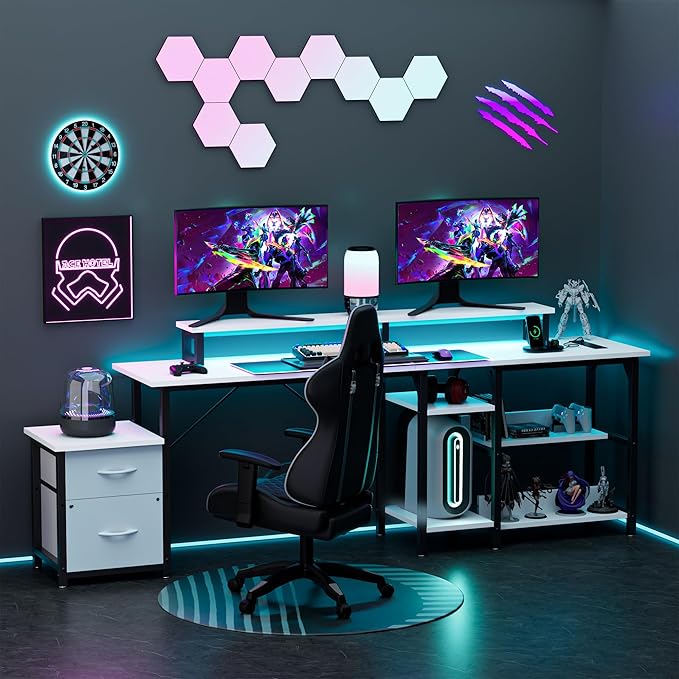 67'' L Shaped Computer Desk with Power Outlet Large Reversible Computer Gaming Desk Home Office Desks with File Drawers &amp Shelves White